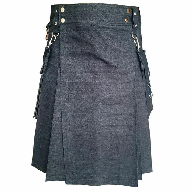 Black Detachable Pocket Denim Utility Kilt - #Kilts Boutique#