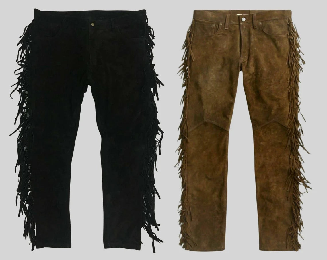 Men's Suede Western Style Cowboy Leather Pant With Fringe