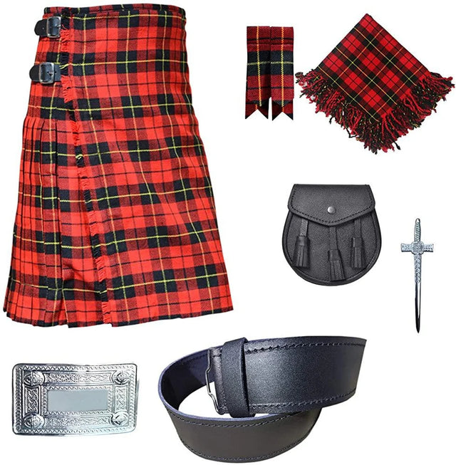 8 yard  Great Scottish Highland 7 Pieces kilt outfit  Kilt, Leather Sporran , Kilt Pin , Tartan Flashes , Fly plaid , Belt Buckle