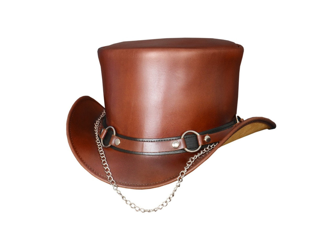 Brown Steampunk Real 100% Leather Hat Top Hat Cylinder Hat Topper Bikers Hat Motorcyclist Hat