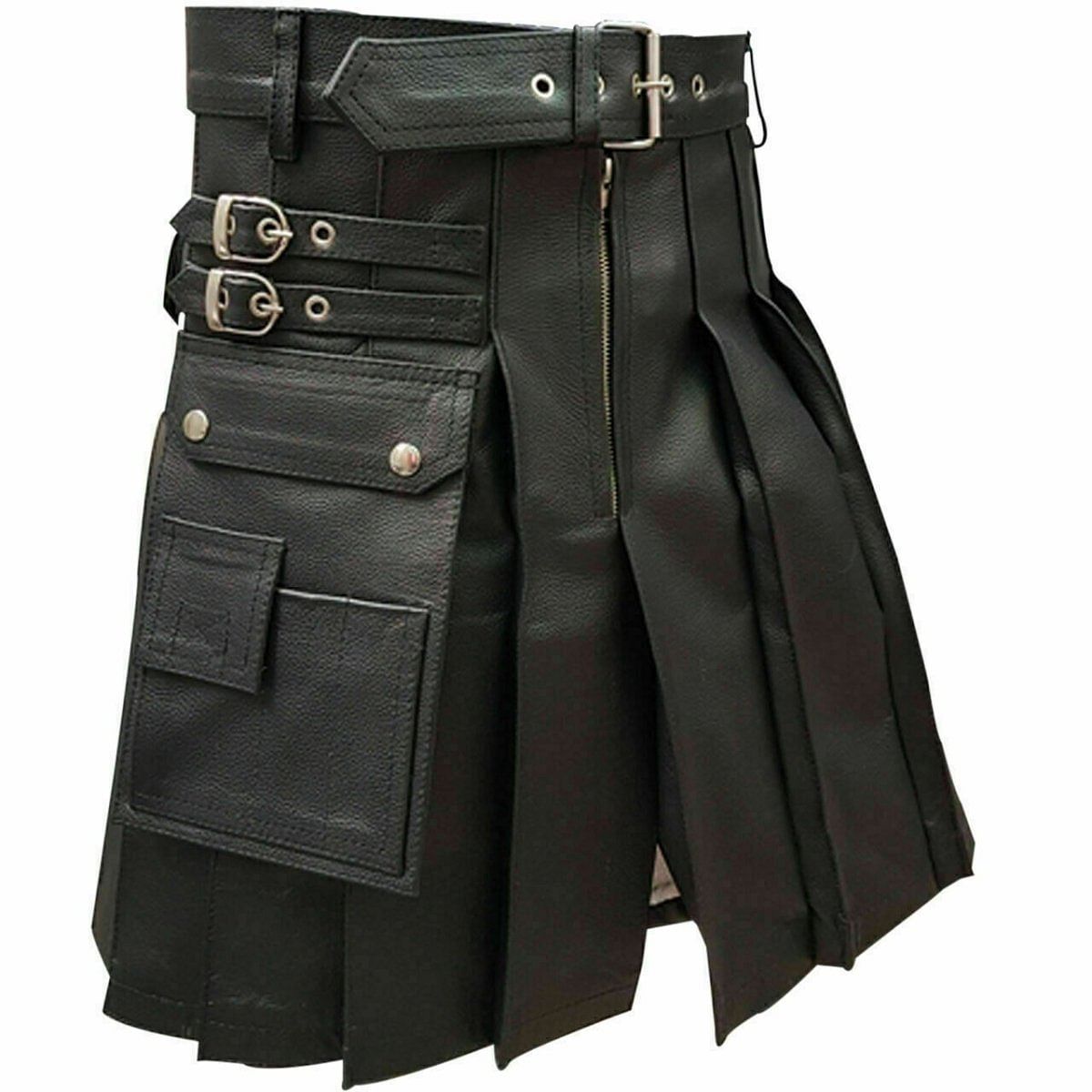 Men Black Cowhide Leather kilt Utility Modern Costume Gladiator Kilt - #Kilts Boutique#