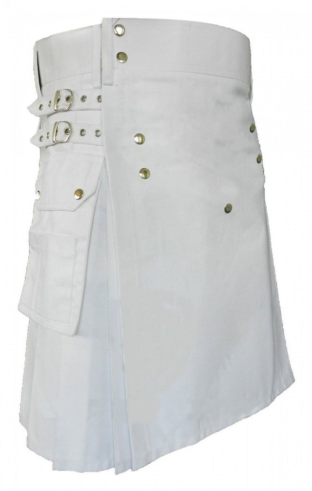 Men White Utility Fashion Active Sport Kilt With 2 Cargo Pockets - #Kilts Boutique#