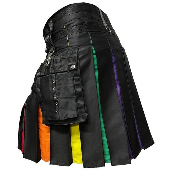 Boys adults rainbow hybrid kilt nylon straps black cotton scottish utility kilt
