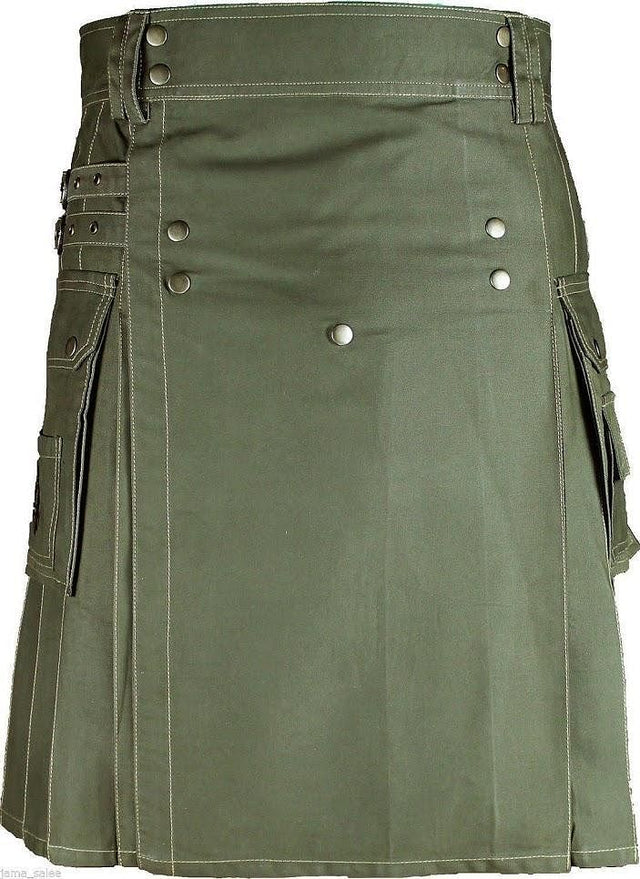 Men's Scottish Olive Green Deluxe Utility Fashion Cargo Sport Kilt - #Kilts Boutique#