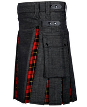 Modern Hybrid Black Denim & Wallace Tartan Kilt Handmade Hybrid Utility Kilt - #Kilts Boutique#
