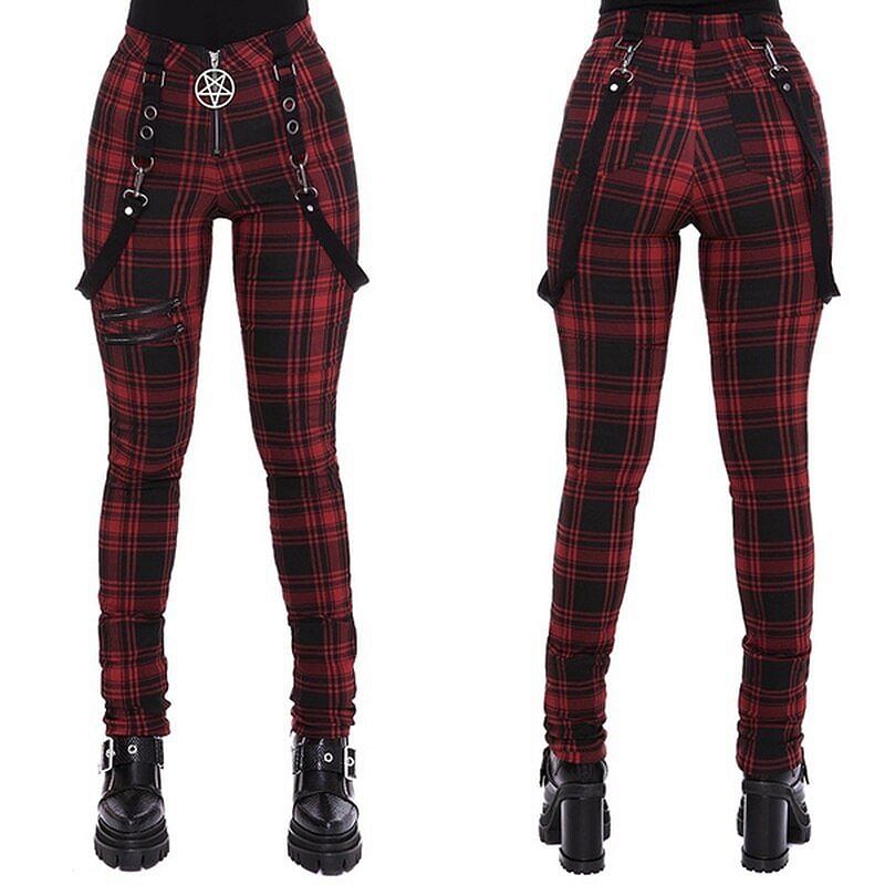 Red Gothic Pants Women Fashion High Waist Zipper Plaid Punk Style