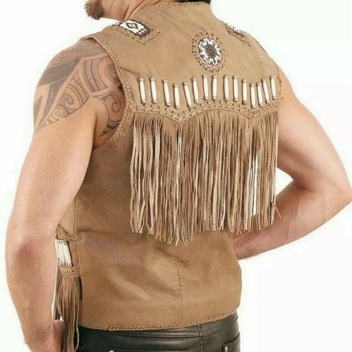 Men's Native American Western Jacket Buckskin Suede Leather Fringe & Beaded Vest