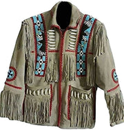 Men's Traditional Western cowboy Leather Jacket Coat With Fringes Bone and Beads
