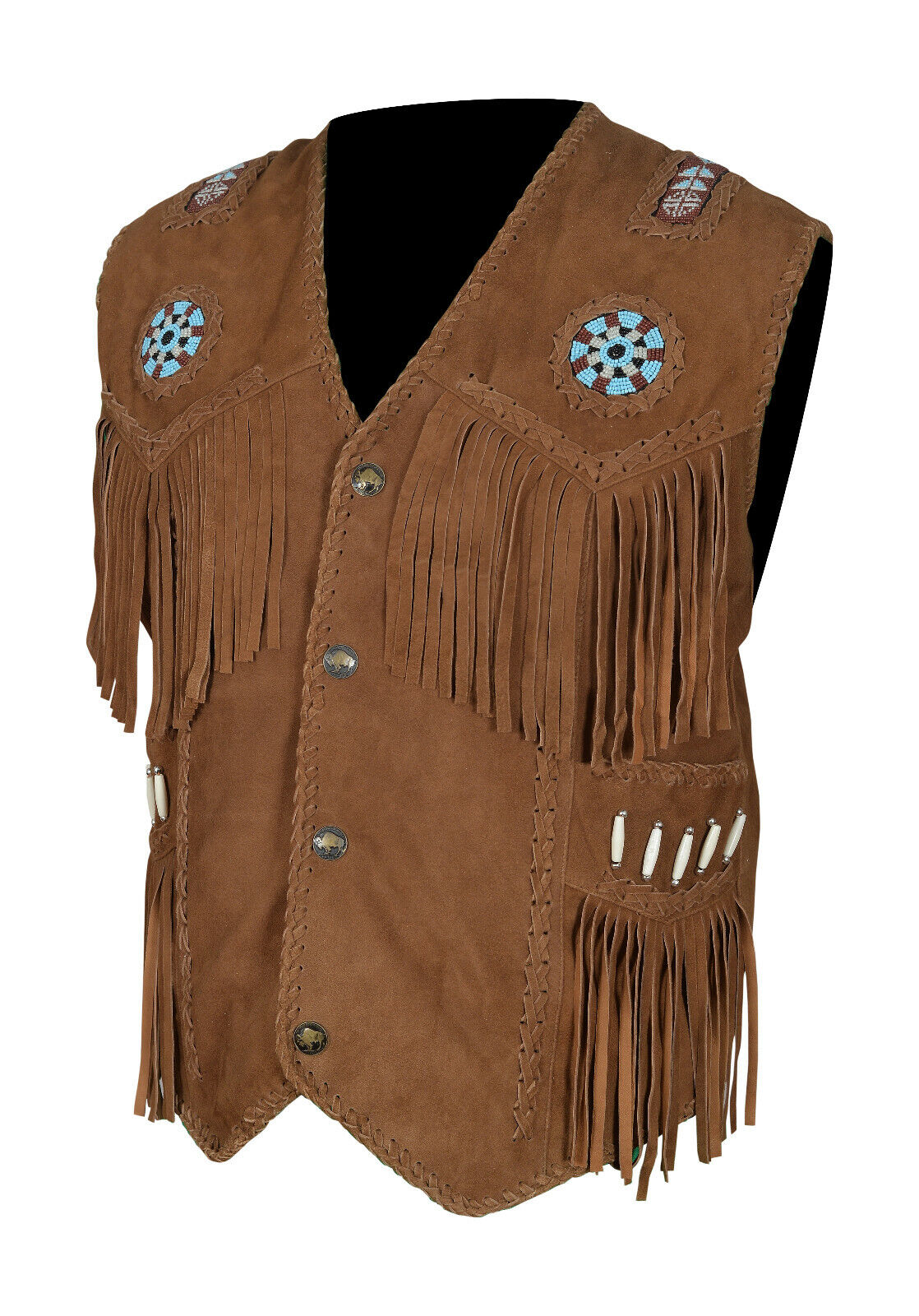 Classyak Men's Indian Western Leather Vest Fringed & Beaded Brown