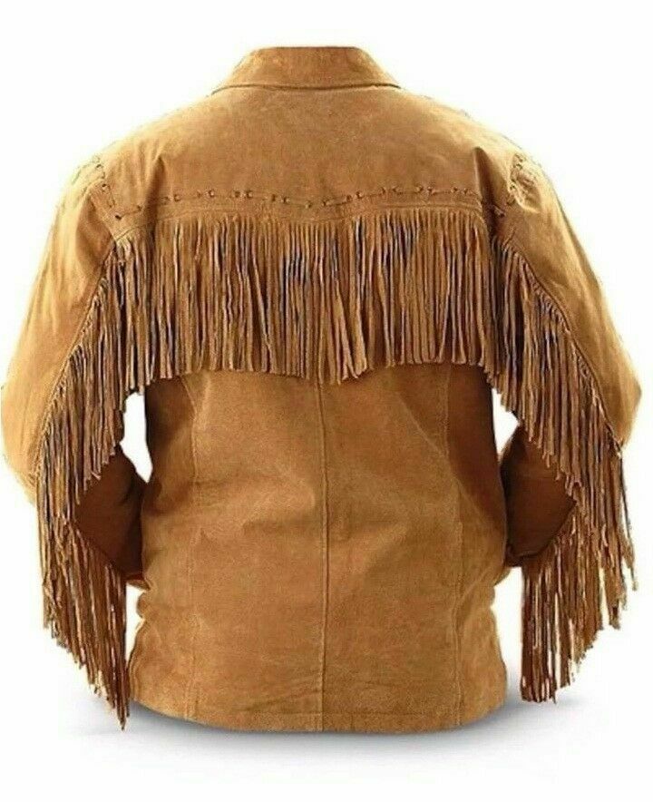 Mens Leather Western Jacket With Fringe Cowboy Style Suede Leather Jacket Brown