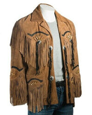 Men Suede Western Cowboy Leather Jacket With Fringes - Native American Style
