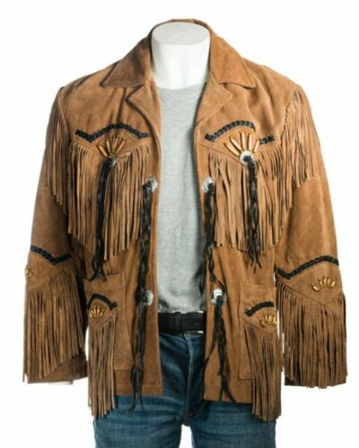 Men Suede Western Cowboy Leather Jacket With Fringes - Native American Style