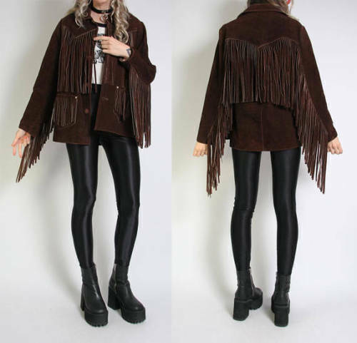 Womens Vintage Brown Suede Leather Jacket Ladies Native Fringe Western Wear Coat