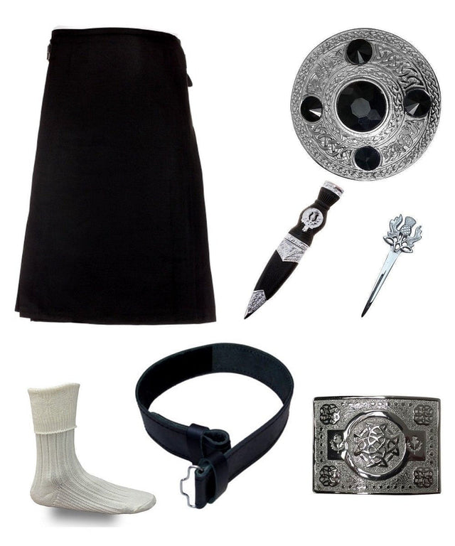 Scottish Men's Set Kilt Black 5 Yard Highland Tartan Full Kilt Set - #Kilts Boutique#