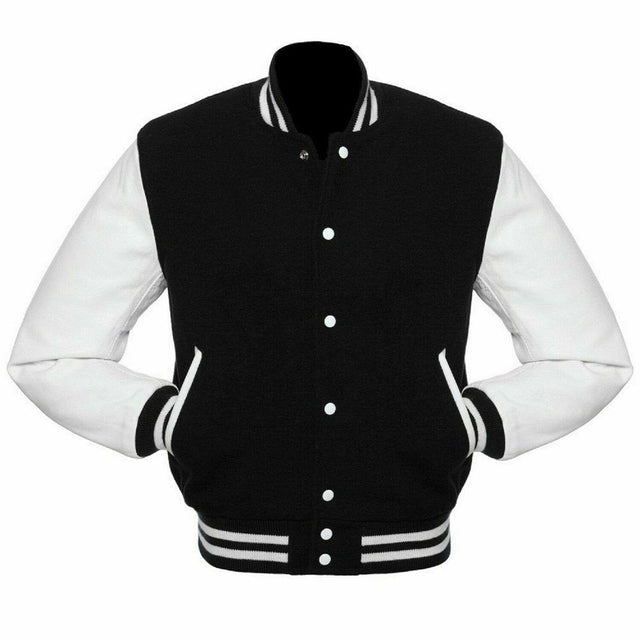 Varsity Letterman baseball jacket Wool Body & Leather Sleeves Black & White Classic - #Kilts Boutique#