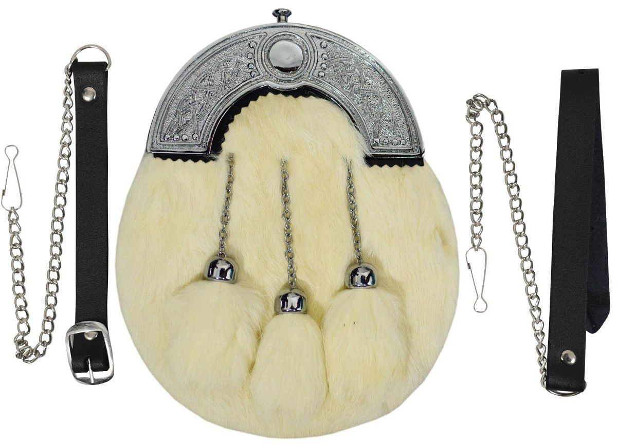 White Dress Sporran With White Rabbit Fur and 3 tassels - #Kilts Boutique#