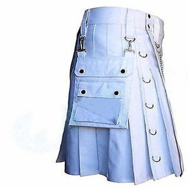 White Gothic Kilt Detachable Pockets Modern Gothic Fashion Kilt Active Men - #Kilts Boutique#