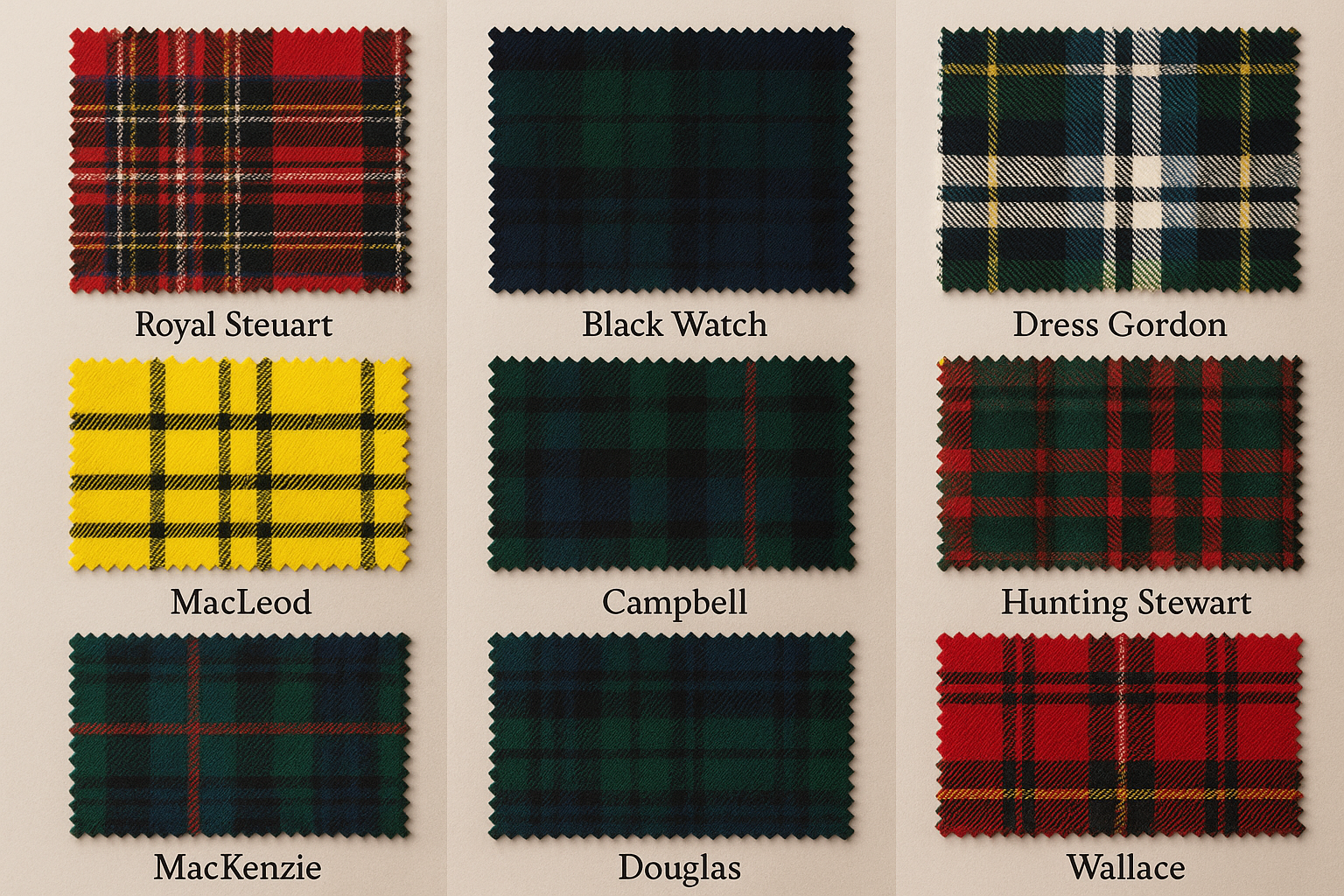 Scottish tartan fabrics laid out side by side – Kilts Boutique