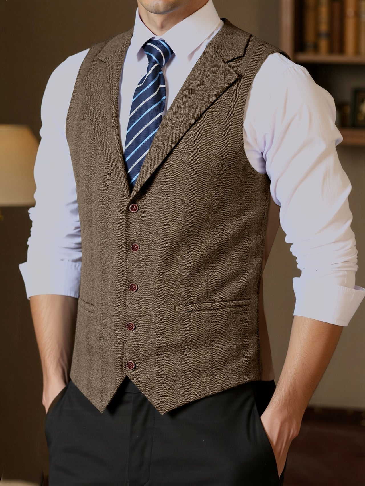 Men's Slim-Fit Vintage V-Neck Sleeveless Business Vest – All-Season Formal Waistcoat