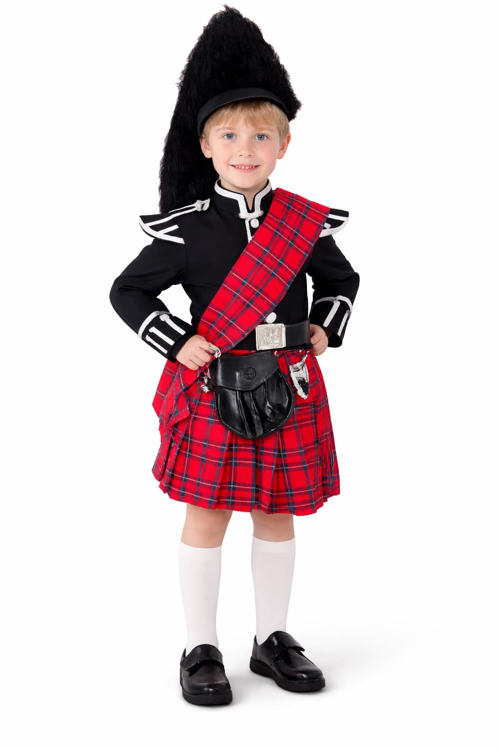 Kids Royal Stewart Tartan Kilt Outfit, Boys Scottish Highland Dress Set with Prince Charlie Jacket, Sporran & Hat