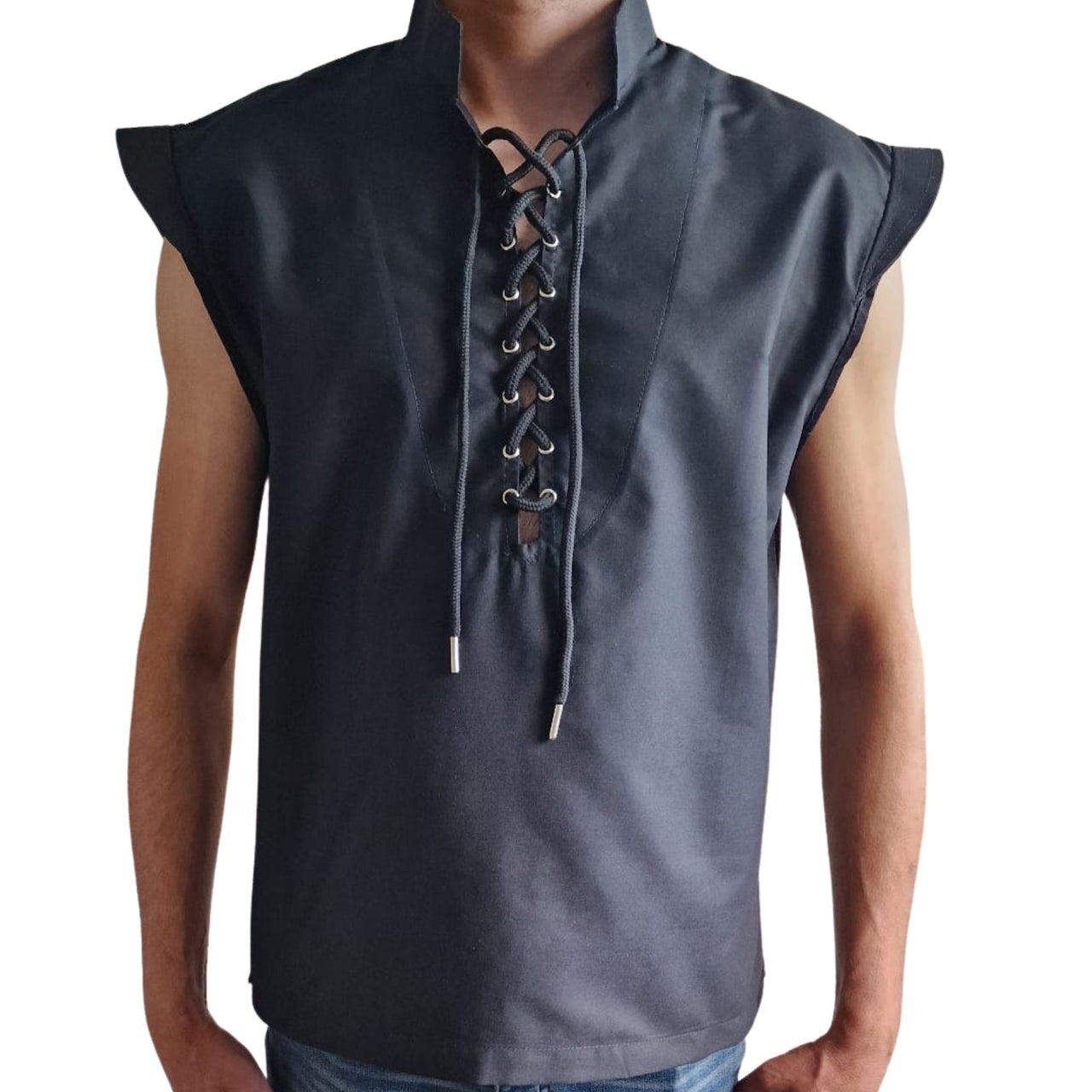 Black Cotton-Blend Medieval Pirate Vest Shirt – Men’s Vintage Sleeveless Lace-Up Neck Blouse Top