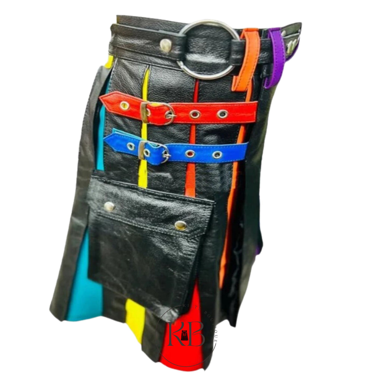 Unisex Pu Leather Rainbow Gladiator Kilt with Side Pocket