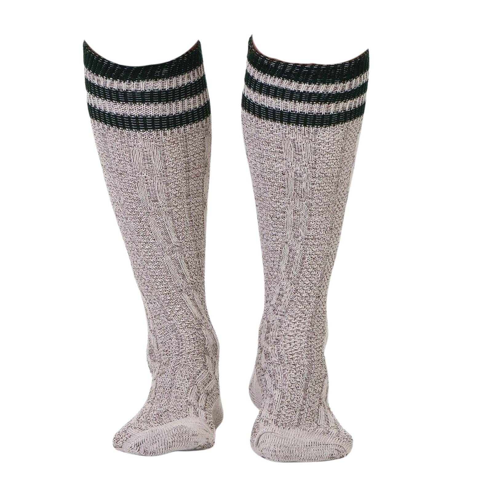 Bavarian Knee-High Cotton Socks – Oatmeal Marl, Green Stripe Cuff