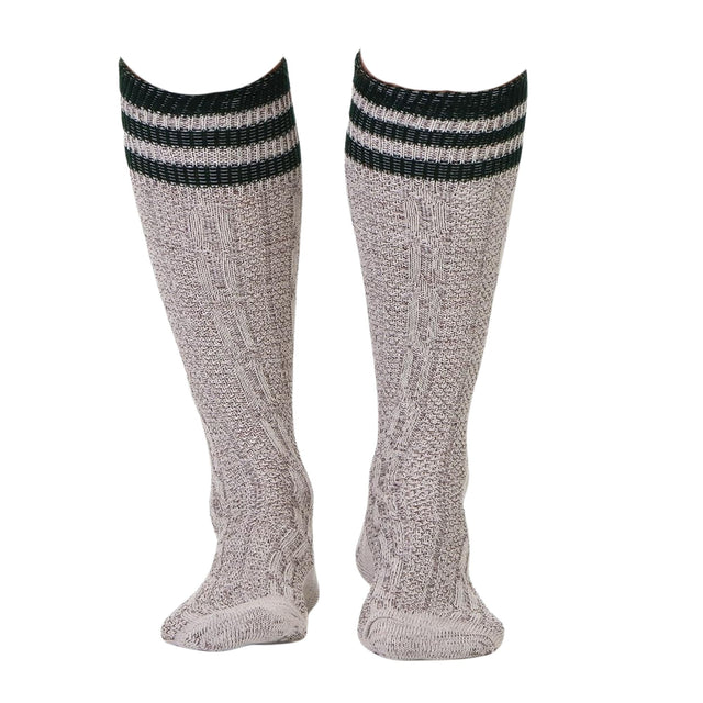 Bavarian Knee-High Cotton Socks – Oatmeal Marl, Green Stripe Cuff