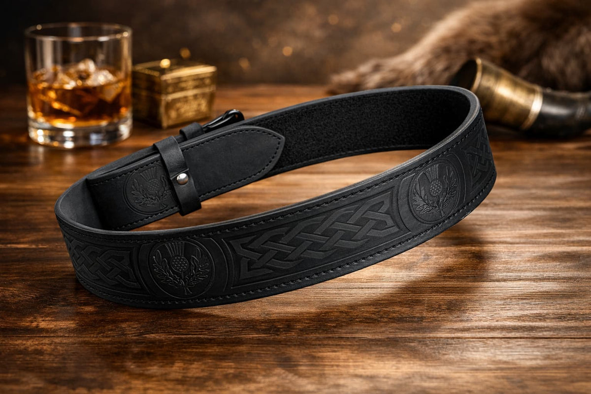 Black Leather Kilt Belt Celtic Embossed Scottish Thistle Highland Belt