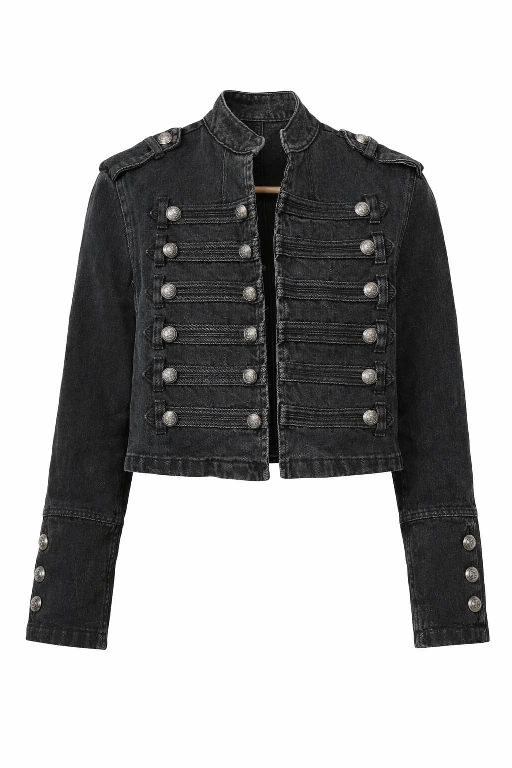Black Military Denim Jacket for Women, Cropped Fitted Jacket with Silver Buttons