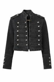 Black Military Denim Jacket for Women, Cropped Fitted Jacket with Silver Buttons