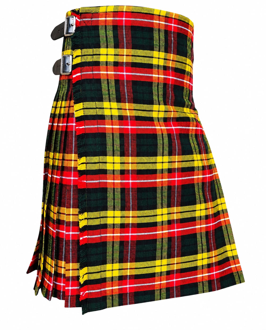 Buchanan Modern Tartan Kilt in vibrant yellow, red, and green plaid with traditional pleated styling Side