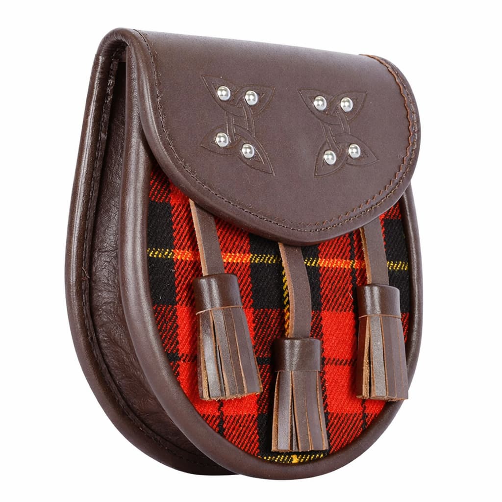 Clan Wallace Tartan Leather Sporran with Tassels – Brown Celtic Embossed Kilt Pouch – Traditional Scottish Highland Dress Accessory