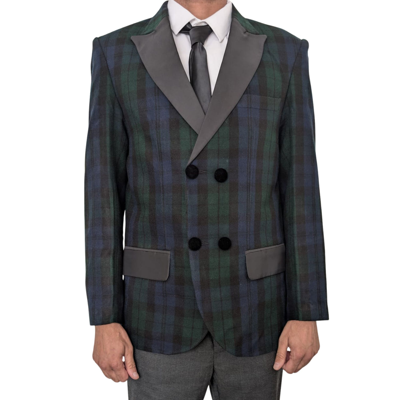 Men’s Scottish Black Watch Tartan Blazer Jacket – Acrylic Wool Fabric, Satin Lapels, Double-Breasted