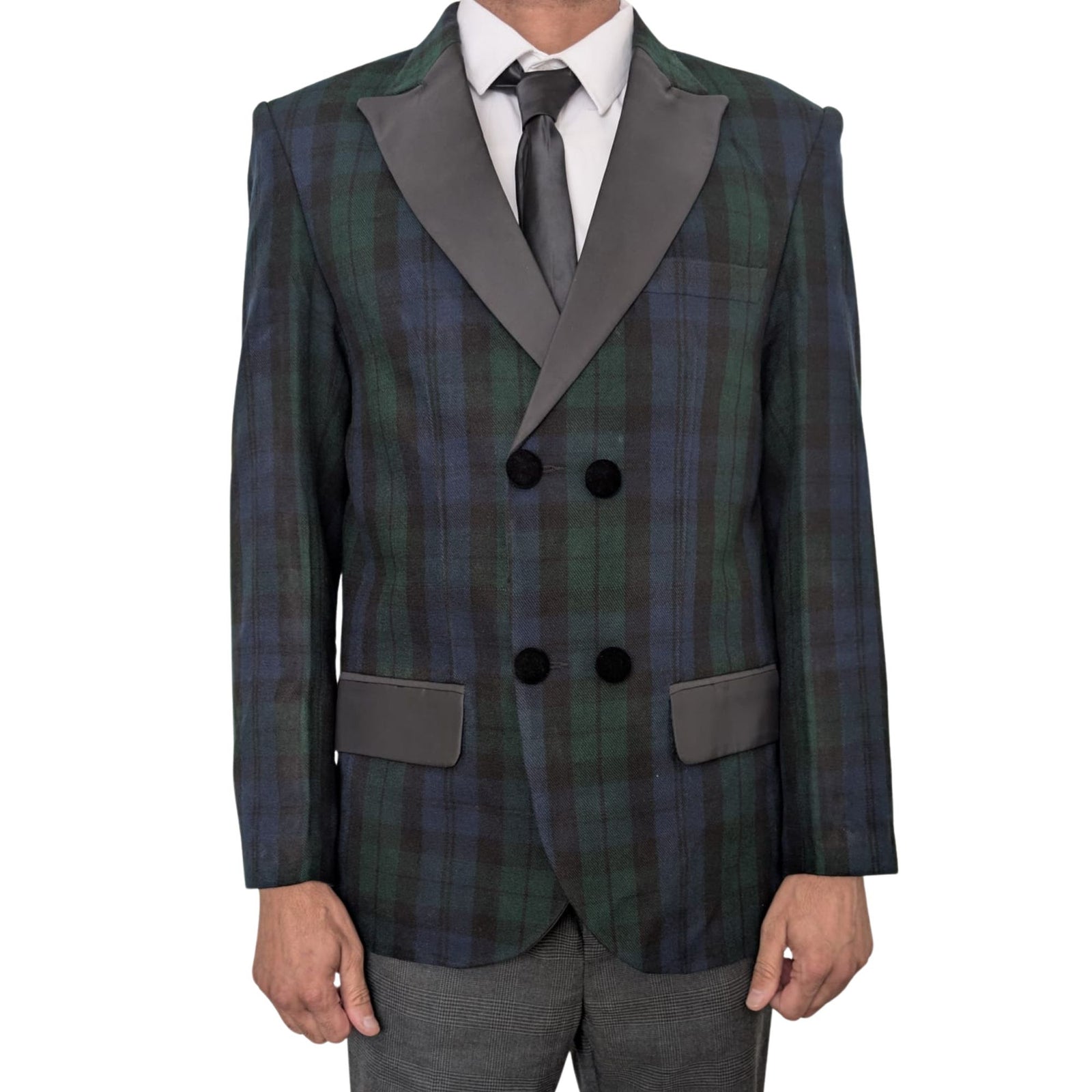 Men’s Scottish Black Watch Tartan Blazer Jacket – Acrylic Wool Fabric, Satin Lapels, Double-Breasted