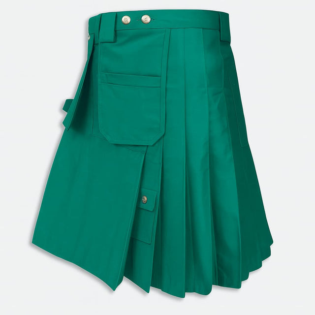 Green kilt with button details on a light gray background