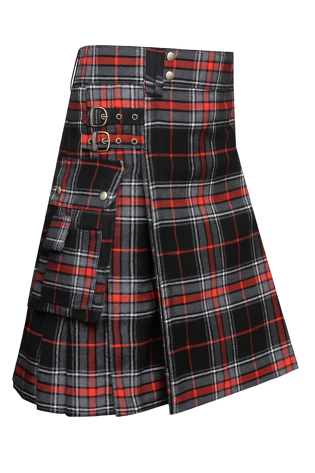 Plaid skirt with black, red, and gray pattern on a white background