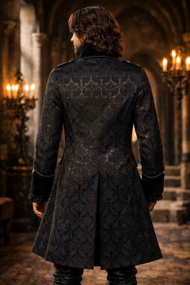 Men’s Black Gothic Victorian Coat – Brocade Tailcoat with Velvet Trim