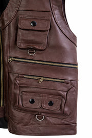 Men’s Slim Fit Genuine Cowhide Leather Vest – Multi Pocket Real Leather Waistcoat
