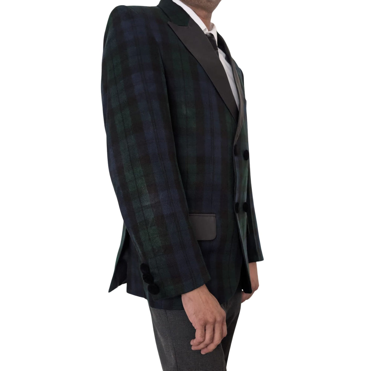 Men’s Scottish Black Watch Tartan Blazer Jacket – Acrylic Wool Fabric, Satin Lapels, Double-Breasted
