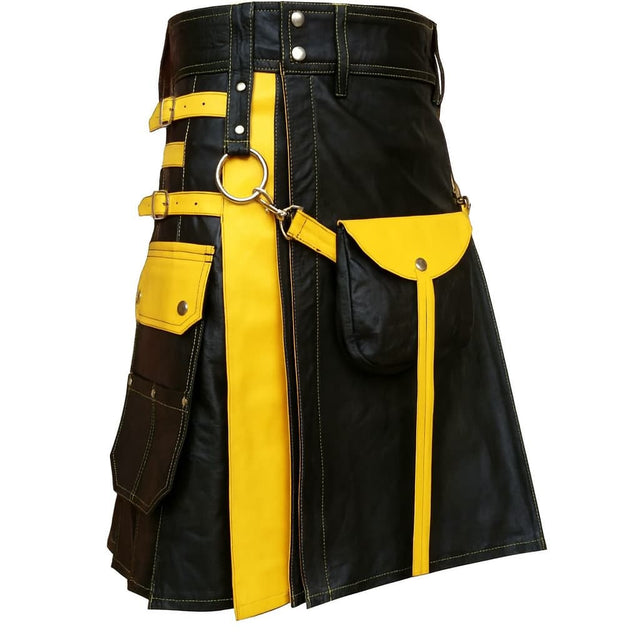Black and yellow kilt with belt and buttons on a white background