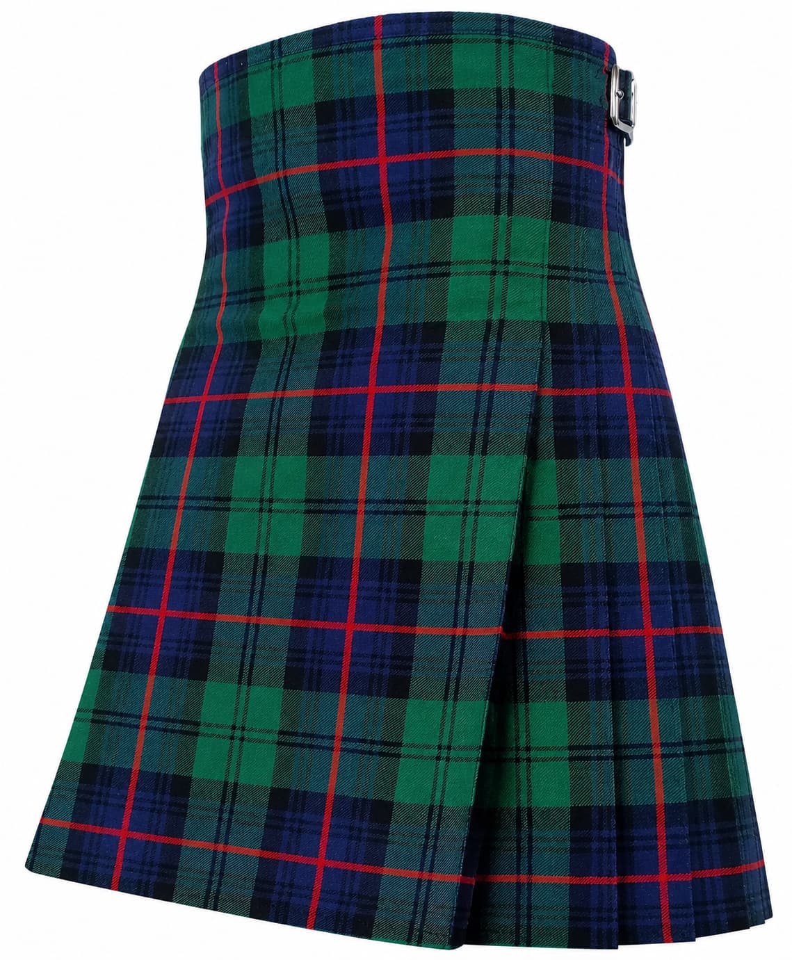 Armstrong Modern Tartan Kilt in green, navy blue, and red tartan pattern with pleated design and adjustable leather buckle straps Side
