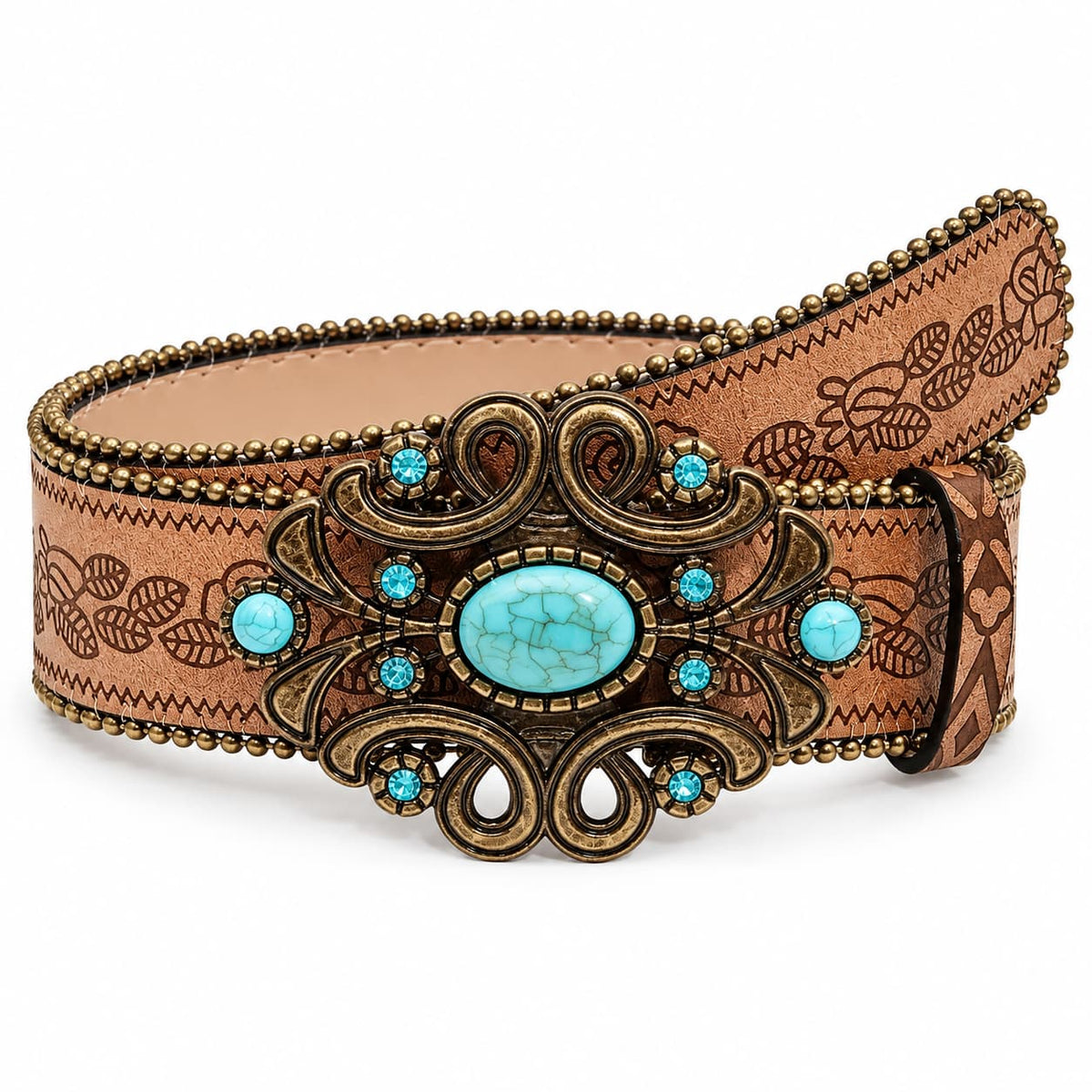 Women’s Western PU Leather Belt with Turquoise Buckle