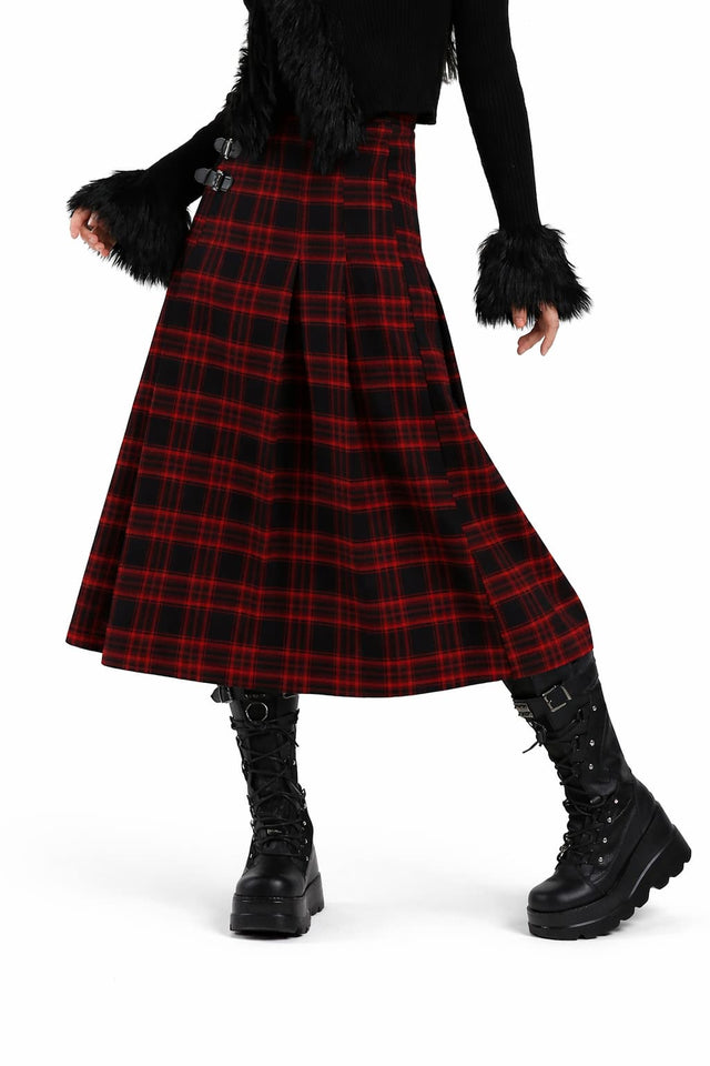 Womens Red Plaid Wool Blend Long Skirt High Waist A Line Gothic Autumn Winter Skirt