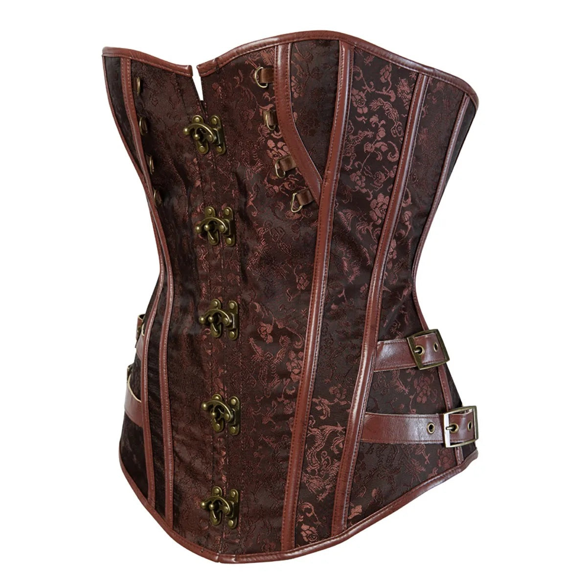Women’s Brown Steampunk Overbust Corset, Gothic Brocade Lace-Up Bustier