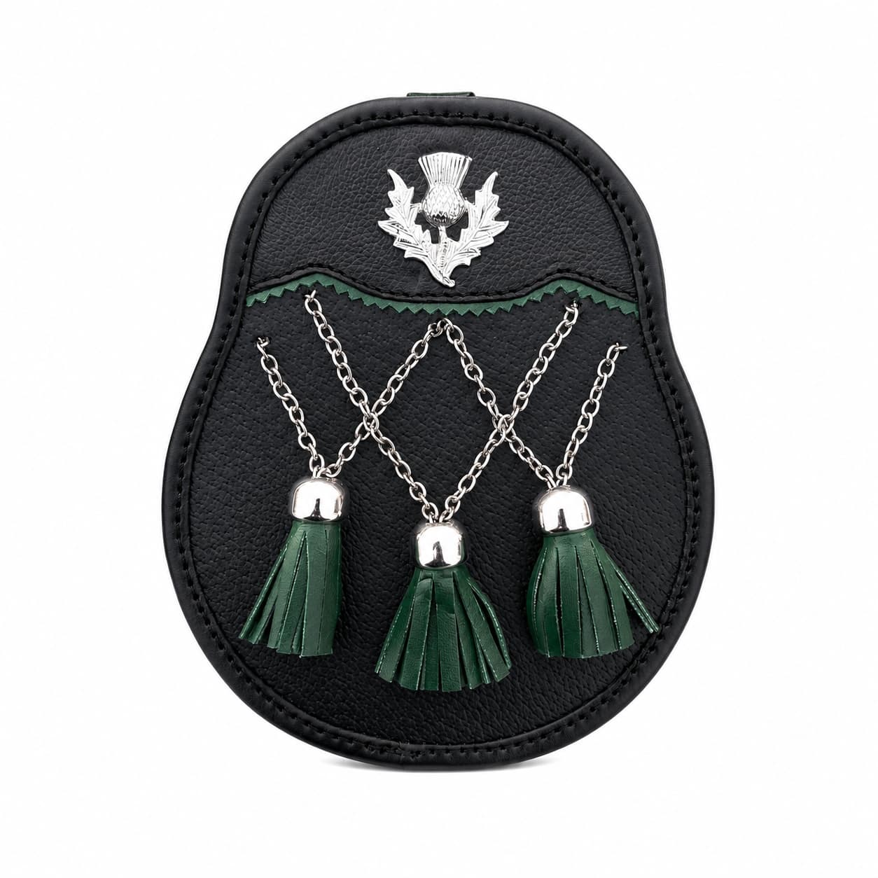 Handmade Scottish Leather Sporran with Green Tassels & Thistle Badge | Traditional Highland Kilt Accessory