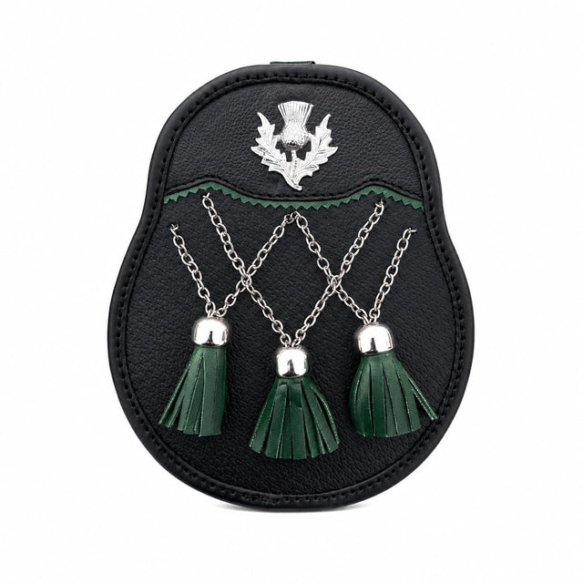 Handmade Scottish Leather Sporran with Green Tassels & Thistle Badge | Traditional Highland Kilt Accessory