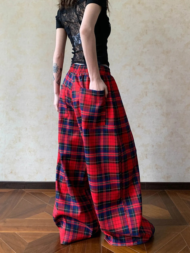 Women's Red Tartan Wide Leg Baggy Trousers, High Waist Plaid Joggers, Oversized Check Lounge Pants with Pockets