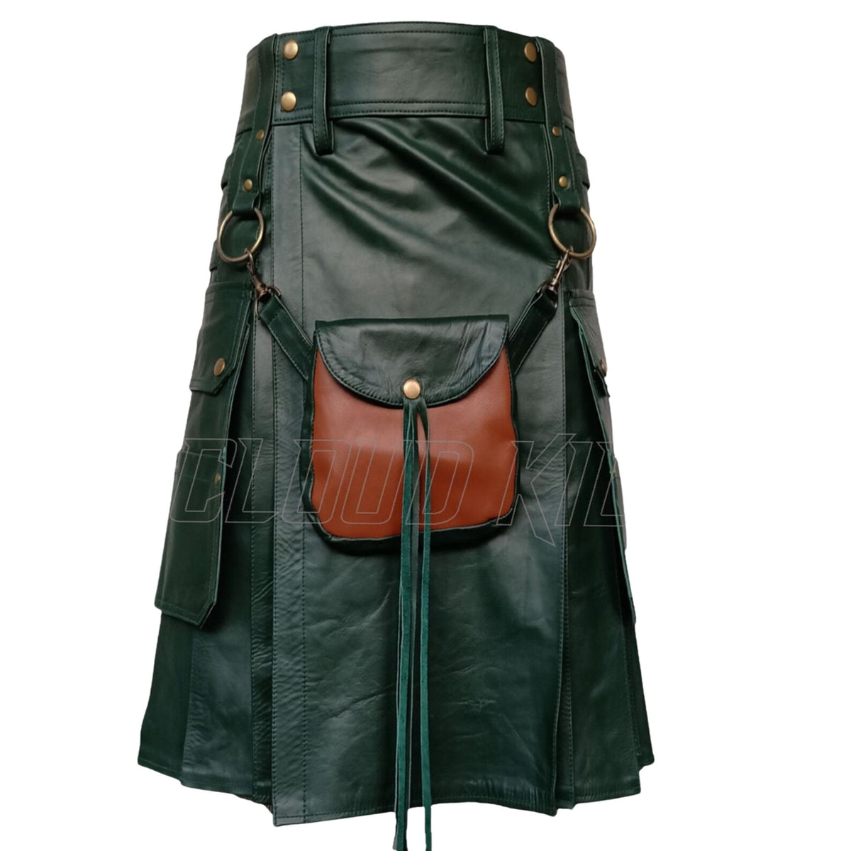 Men's Green Leather Kilt with Sporran – Handmade Real Leather Scottish Highland Kilt 24" Drop | Made to Order