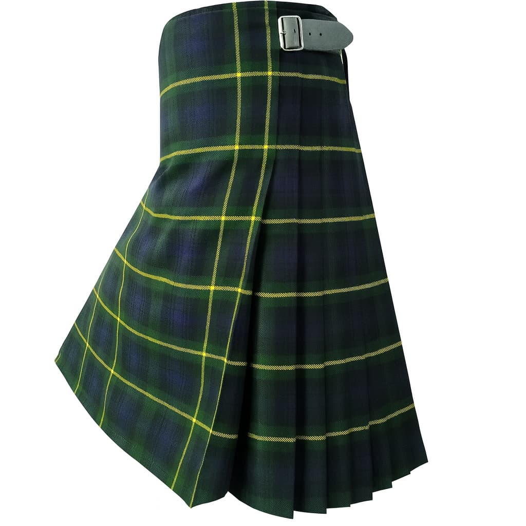 Three-quarter view — Gordon tartan kilt with double buckles and knife pleats, men’s Scottish kilt